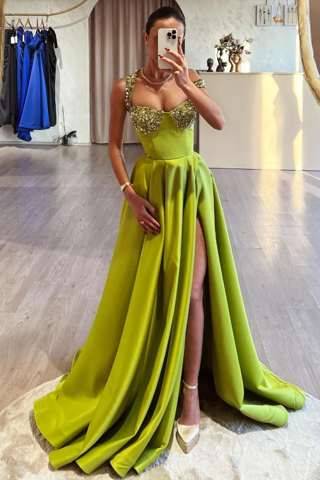Bellasprom Off-the-Shoulder Olive Green Prom Dresses A-Line Long Slit With Sequins