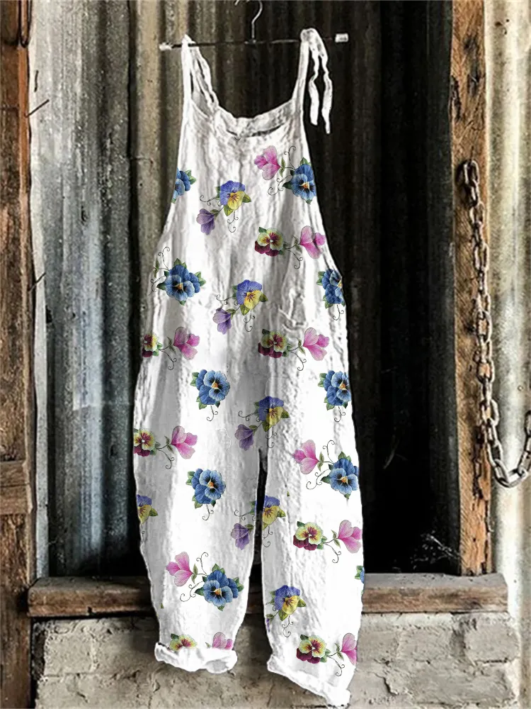 Pansy Flower Embroidery Pattern Linen Blend Casual Jumpsuit