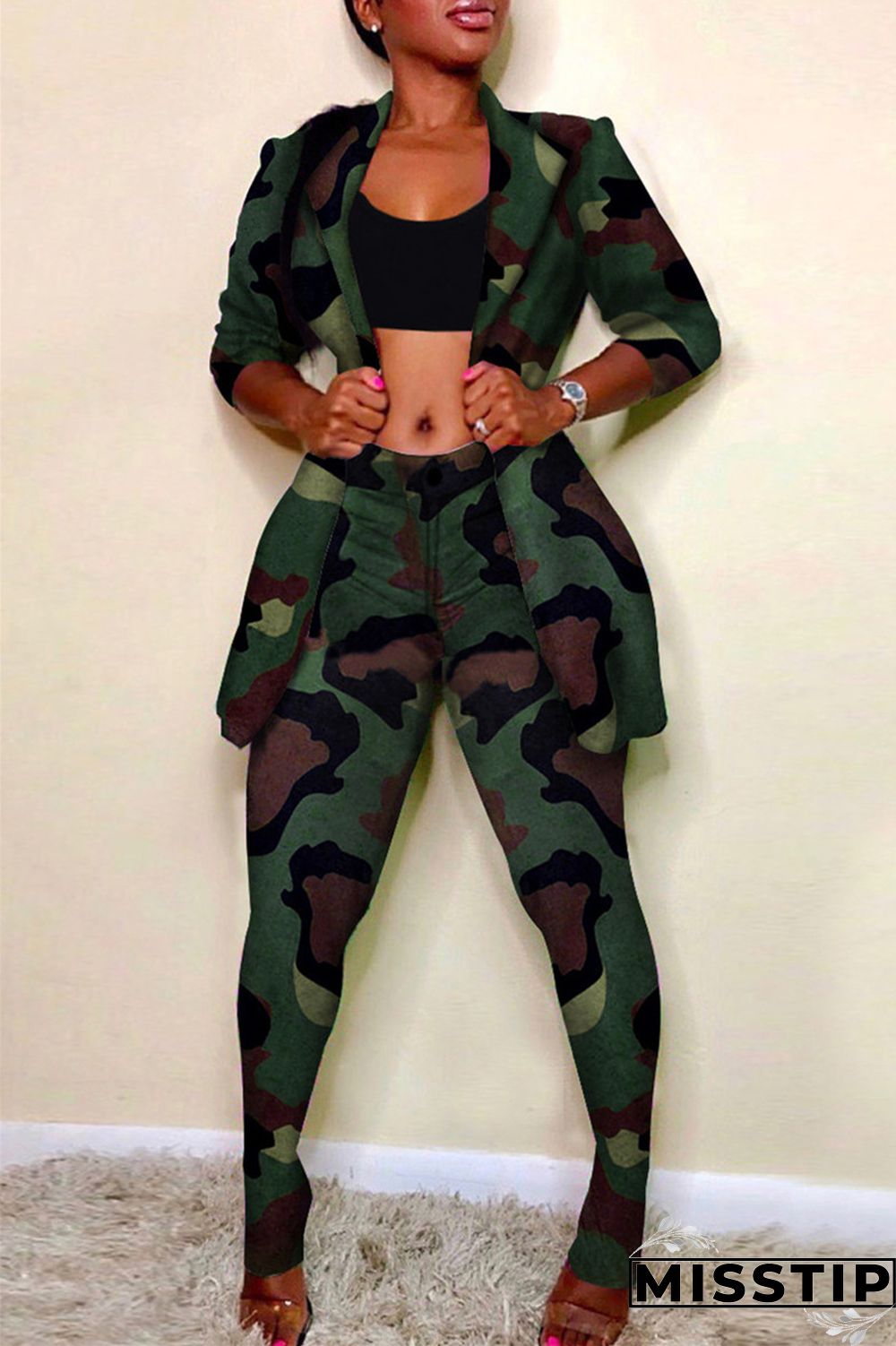 Colour Fashion Casual Print Cardigan Pants Turndown Collar Long Sleeve Two Pieces