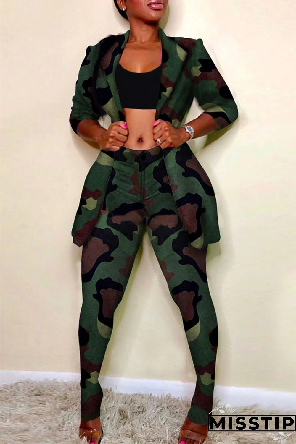 Colour Fashion Casual Print Cardigan Pants Turndown Collar Long Sleeve Two Pieces