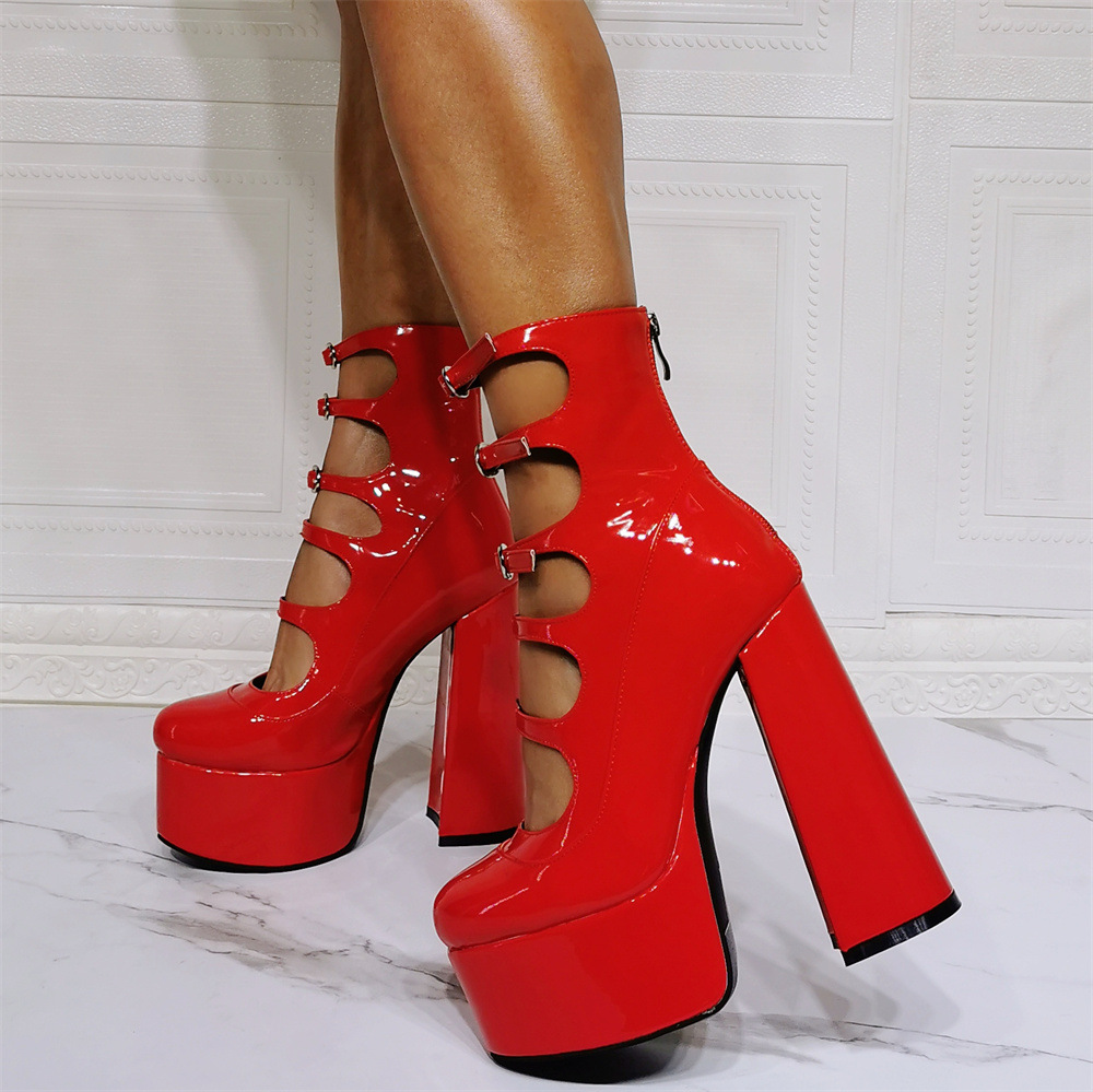 GOOSHOE Women Hollow Upper Platform Boots Thick Heel Short Ankle Boots For Back Zipper