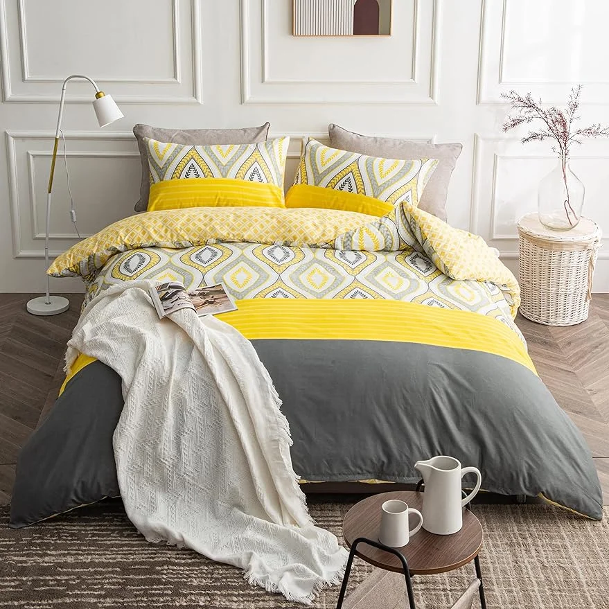Yellow Duvet Cover Set Queen Size, Soft Microfiber Duvet Covers with Geometric Pattern, 3 Pieces Reversible Duvet Cover Zipper Bedding Sets for All Seasons, Yellow & Grey