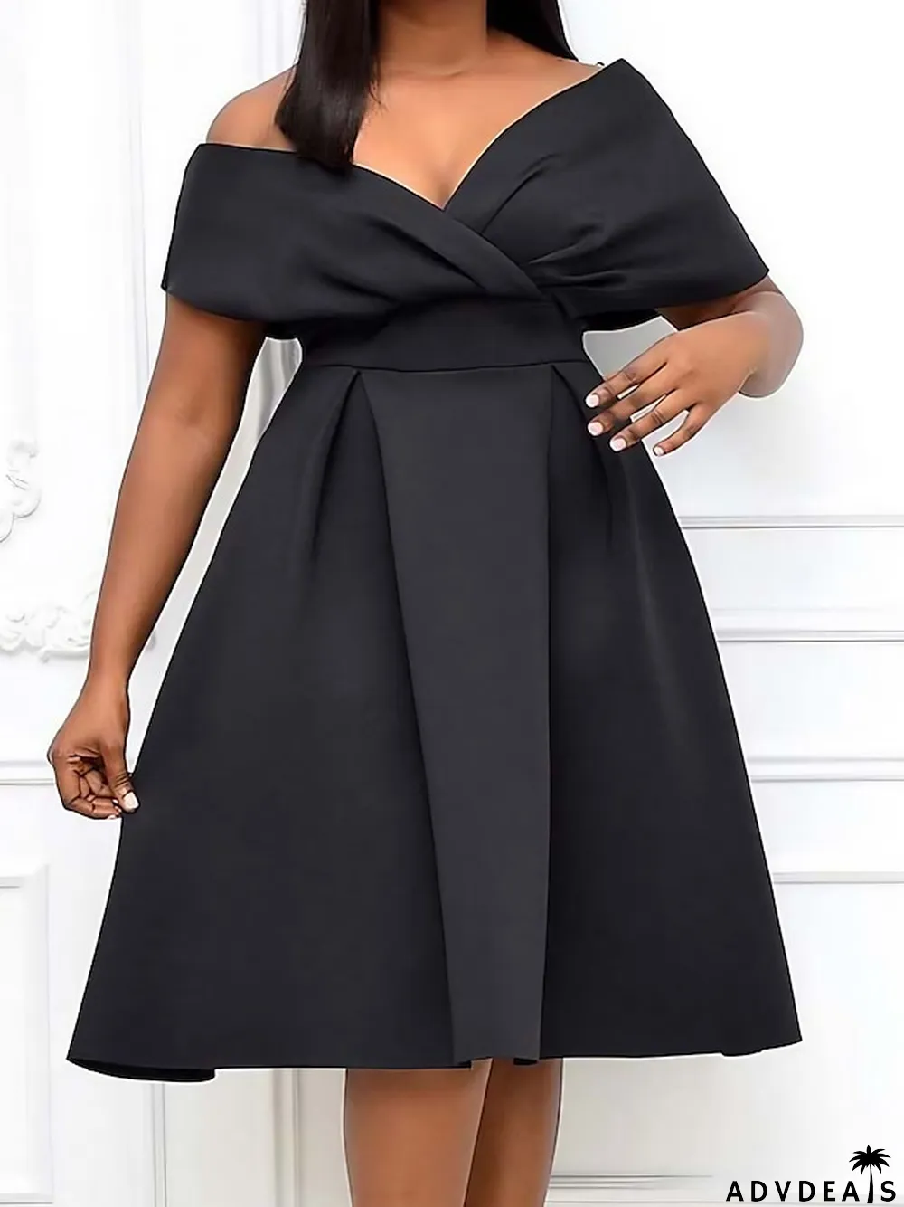 Women's Little Black Dress Cocktail Dress Plus Size Curve Party Dress Solid Color V Neck Short Sleeve Spring Fall Formal Prom Dress Knee Length Dress Party Dress \/ Party Dress