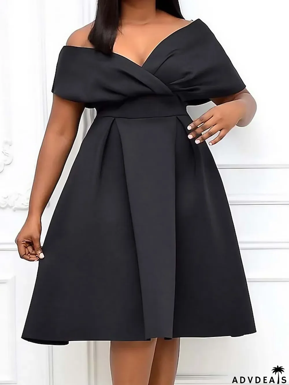 Women's Little Black Dress Cocktail Dress Plus Size Curve Party Dress Solid Color V Neck Short Sleeve Spring Fall Formal Prom Dress Knee Length Dress Party Dress \/ Party Dress