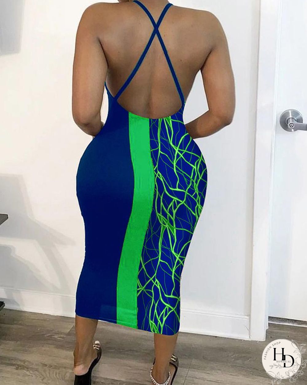 Abstract Print Criss Cross Backless Bodycon Cami Dress