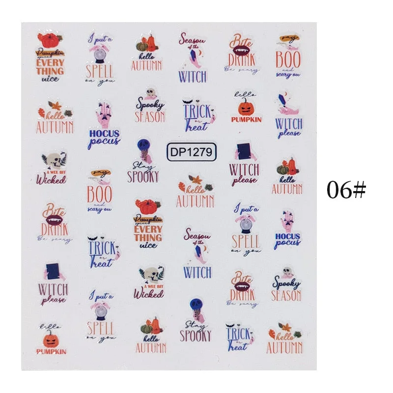 Halloween 3D Nail Stickers Skeleton Pumpkin Design Adhesive Nail Transfer Sliders Paper Autumn Winter DIY Nail Art Decoration