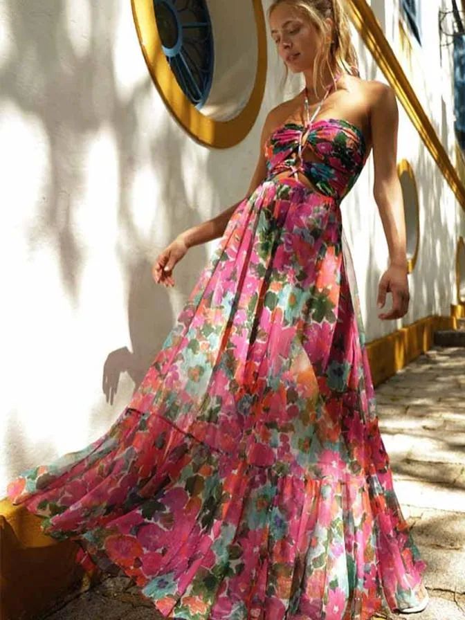 Halter Straps Cutout Floral Doodle One-Piece Swimsuit and Skirt