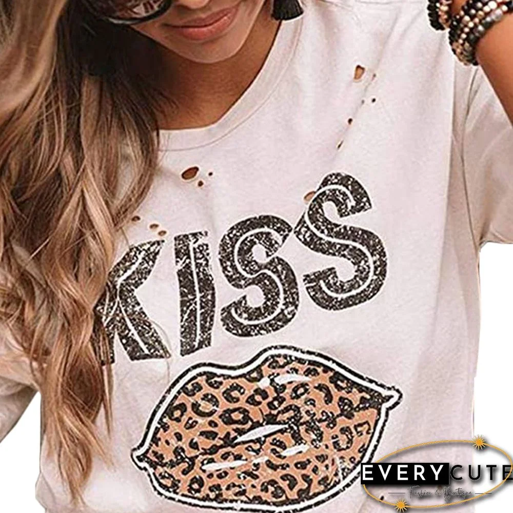 White KISS Leopard Lips Distressed Hole Tees