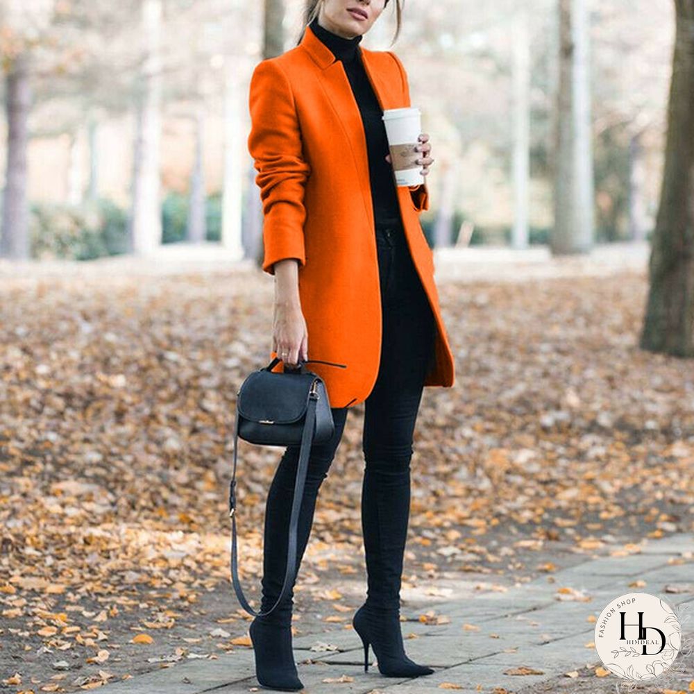 New Autumn and Winter Fashion Womens Solid Color Stand-Up Collar Woolen Coat Lapel Wool