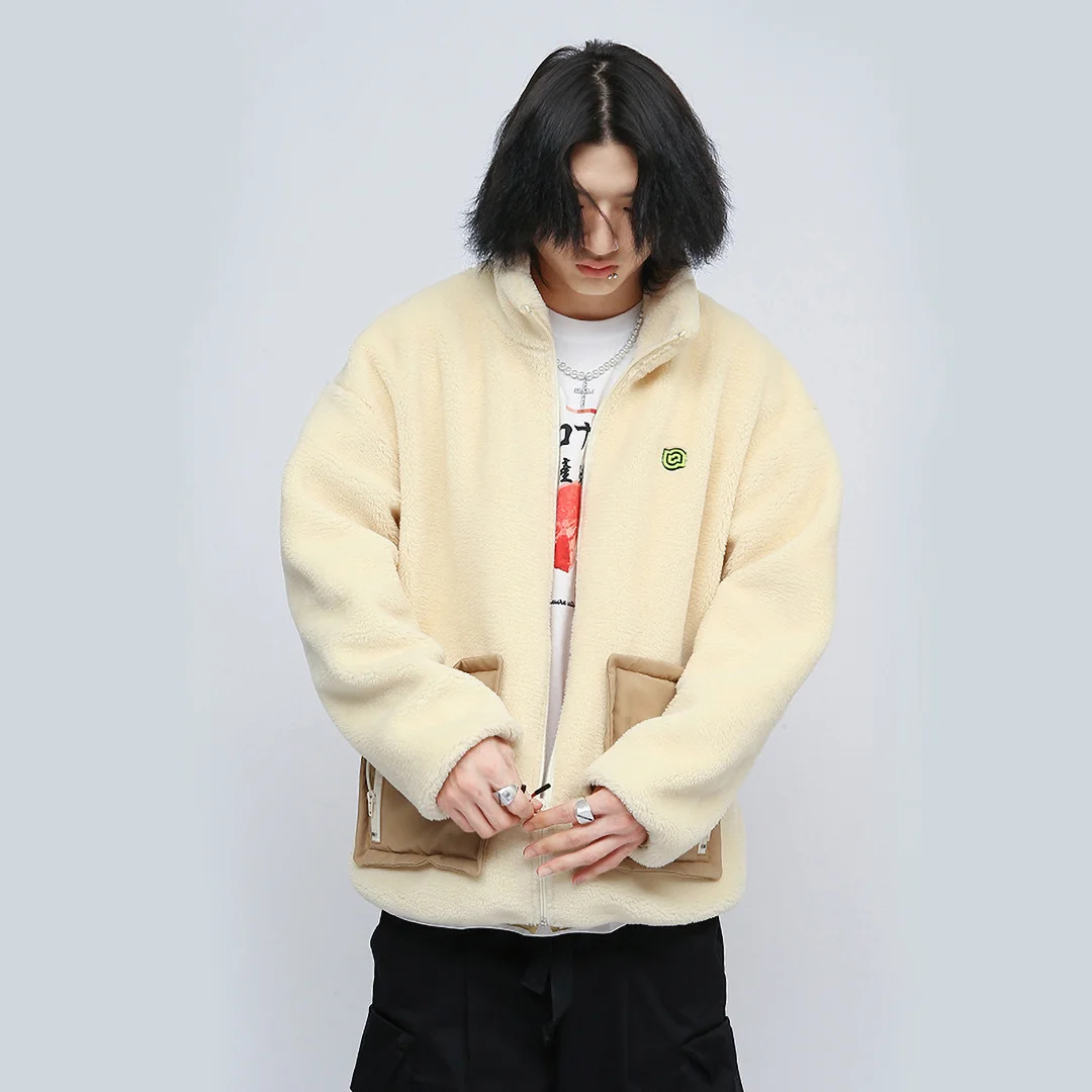Color-block lamb hair pocket jacket