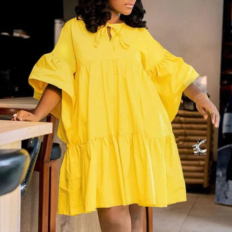 Summer Mini Dress 2022 VONDA Women 3/4 Flare Sleeve Pleated Party Dresses Flare Sleeve Plain Robe Bohemian Casual Beach Sundress