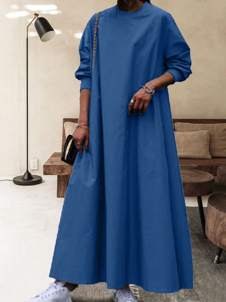 Loose Plus Size Round Neck Ribbed Long Sleeve Long Cotton And Linen Dress