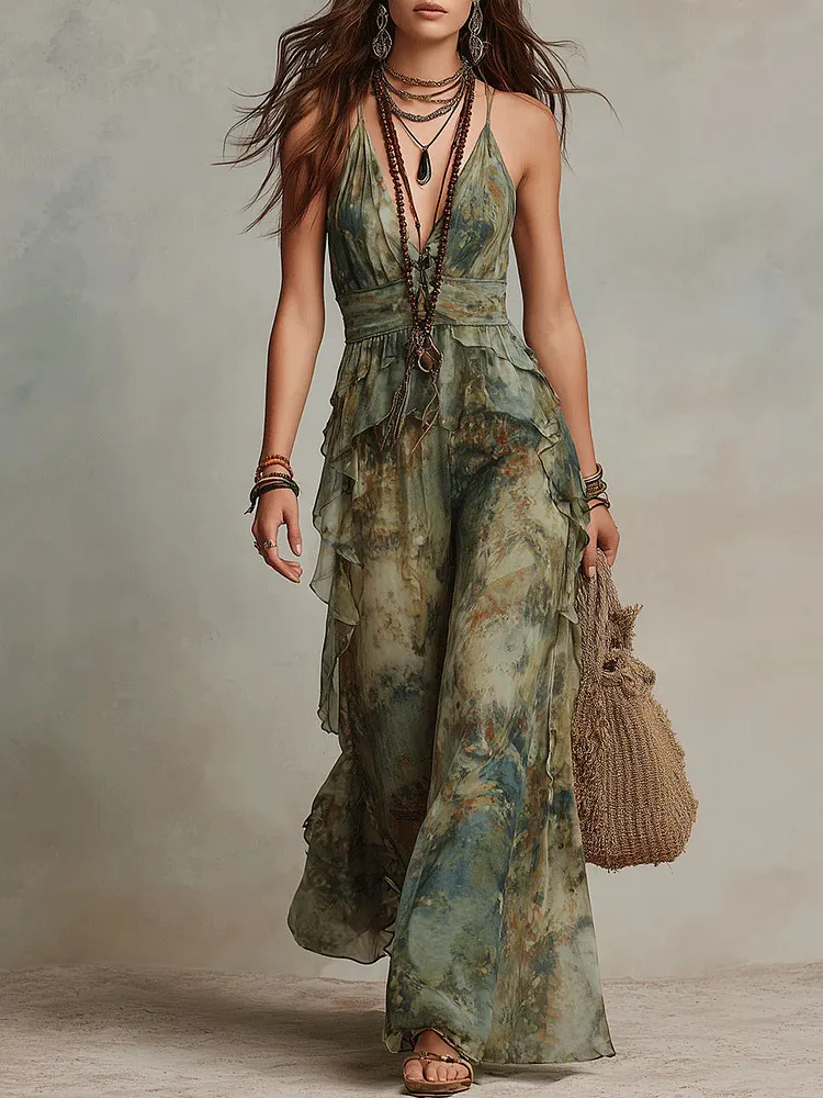Green Floral Print Chiffon Ruffled Jumpsuit