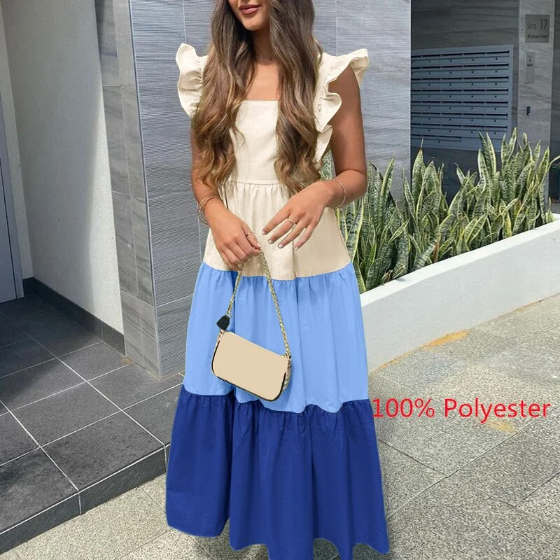 Graduation Gifts  2022 Summer Long Dress Vintage Women Ruffled Color Patchwork Party Sundress Casual Loose Pleated Beach Maxi Vestidos Robe