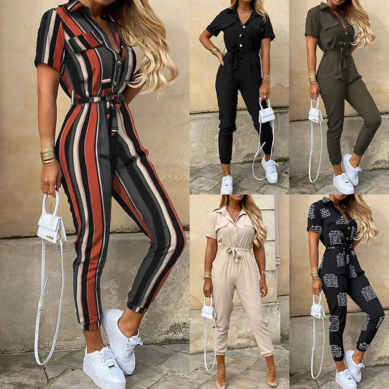 Women's Casual Lapel Printed Belt Tooling Jumpsuit Casual Suit