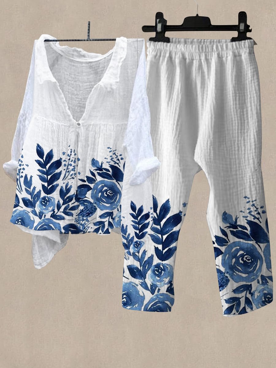 Women's Blue Flower Print Shirt Collar Top And Casual Pants Linen Two Pieces