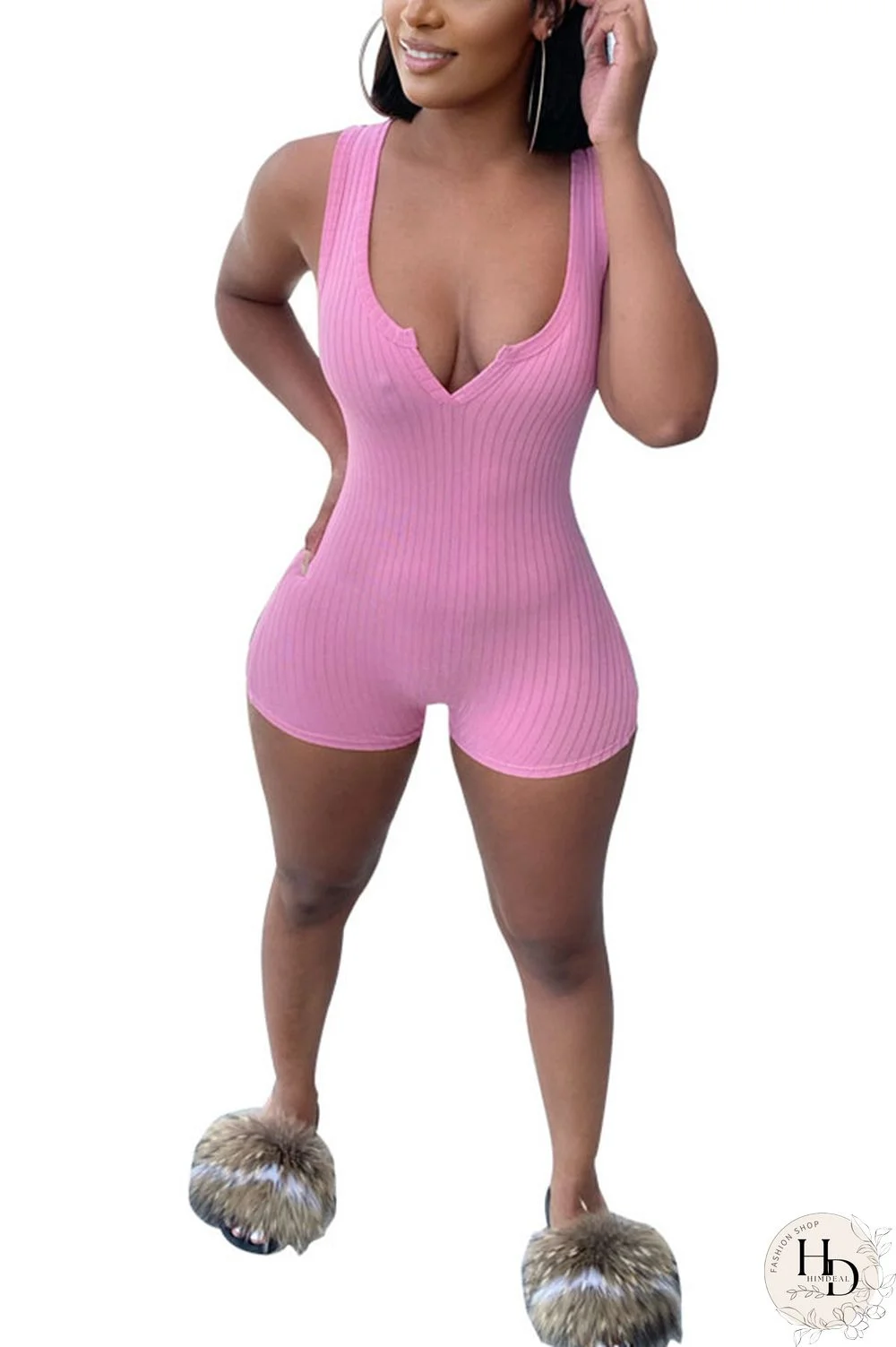 Black Fashion Sexy Solid Polyester Sleeveless V Neck Jumpsuits