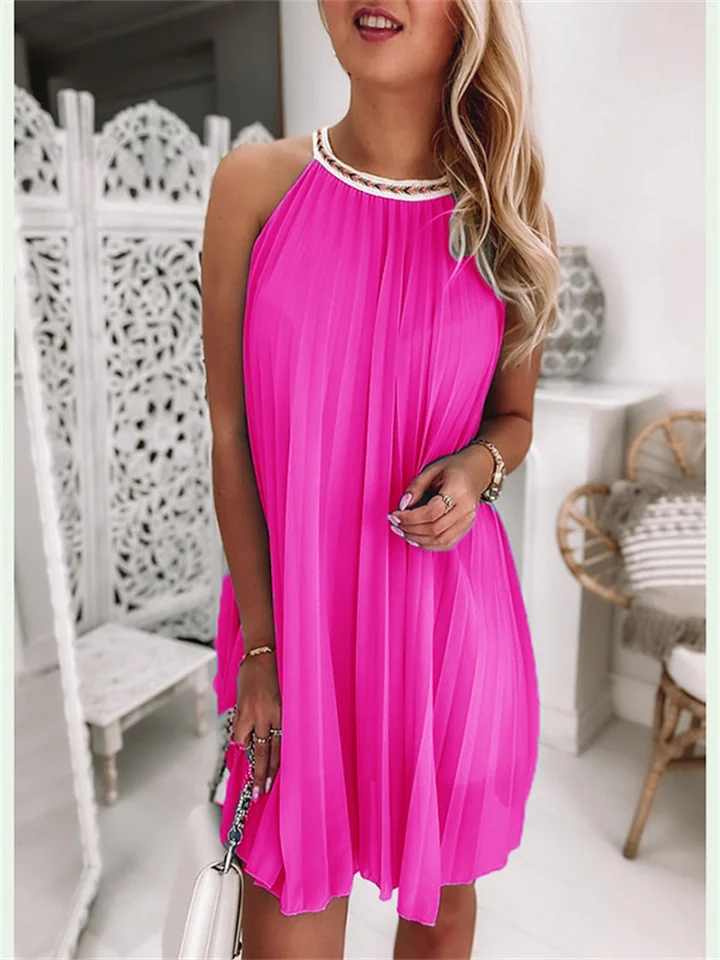 New Dresses Women Sleeveless Hanging Neck Paragraph Tied Solid Color Loose Short Dress-Hoverseek