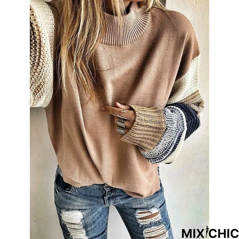 Splicing Crew Neck Loose Long Sleeve Sweater