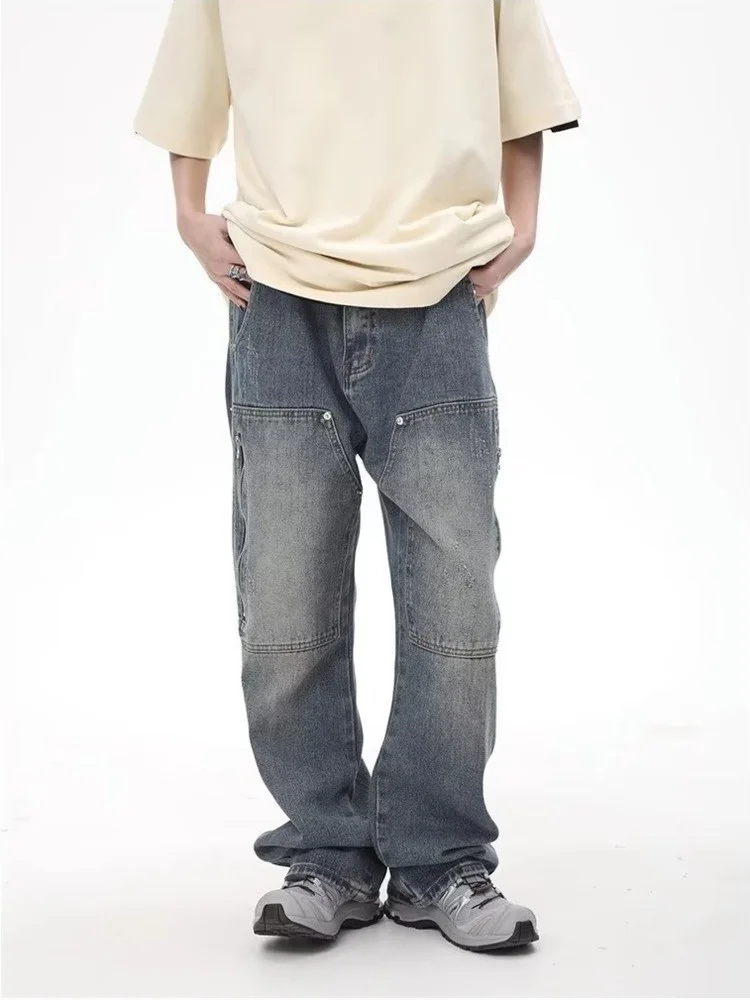 Dabasmedia High Street Fashion Brand Made Old Wash Zipper Pocket Woodcut Jeans Vintage Loose Straight Leg Pants Women's Jeans