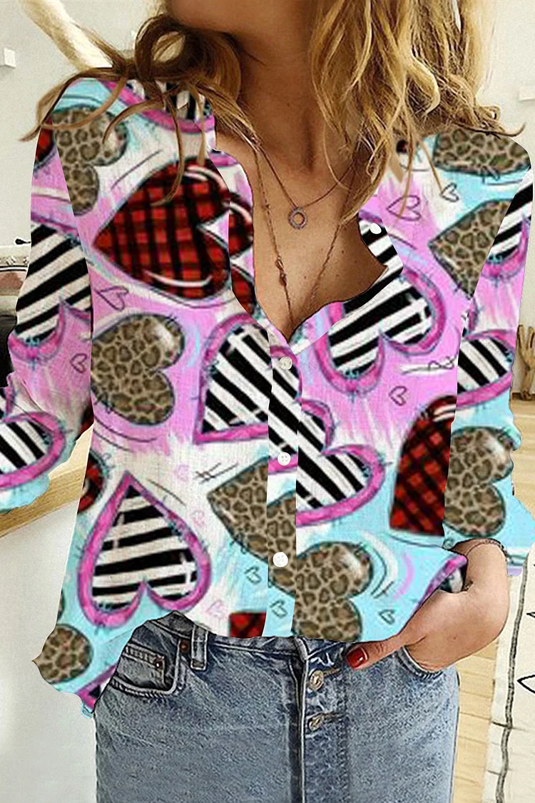 Valentine's Day Leopard Stripe Plaid Print Heart Long Sleeve Shirt