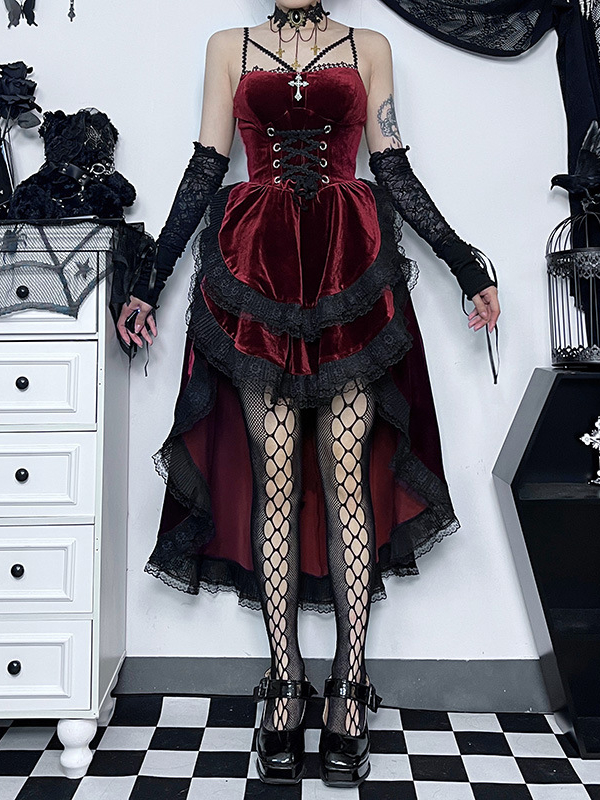 Gothic Dark Sexy Bandaged Lace Spaghetti Straps Tight Waist Dress