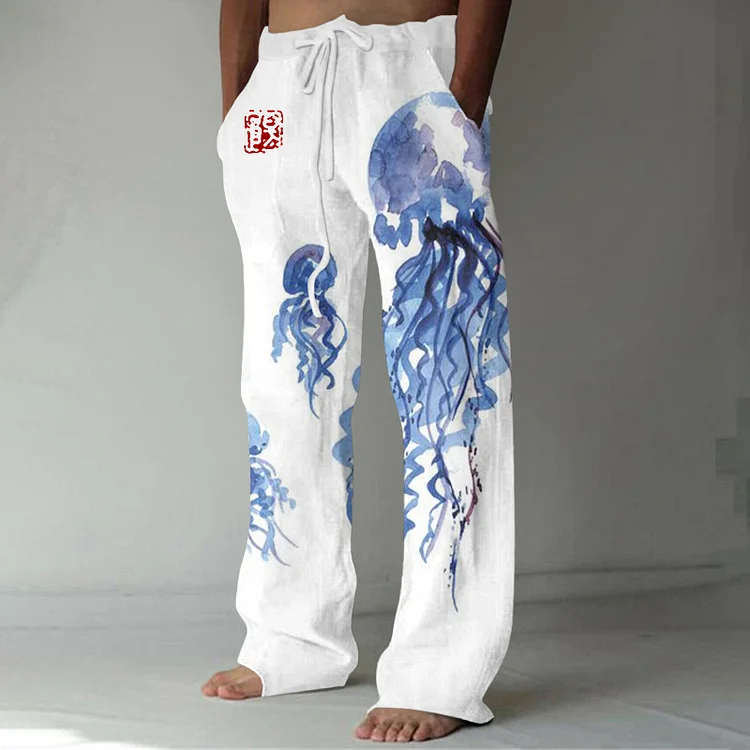 Japanese Art Jellyfish Print Linen Blend Pants