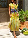 Multicolored Floral Oil Painting Print Crew Neck Maxi Dress
