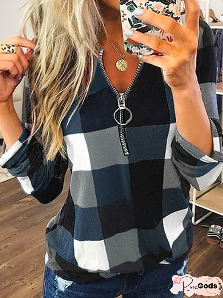 Loose V Neck Color Block Plaid Sweatshirts