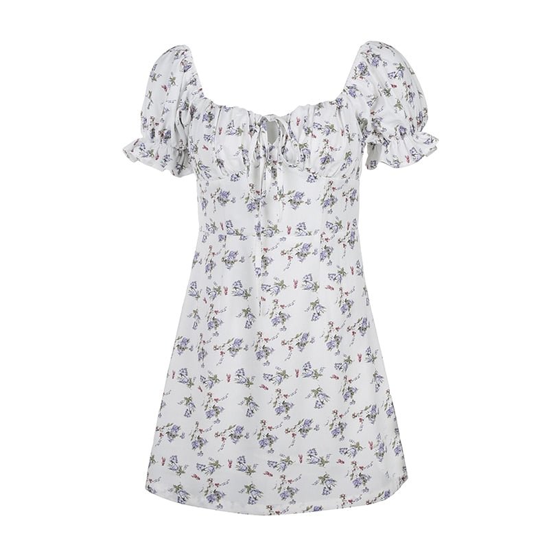 New White Floral Women Sexy Dress Bandage Ruched Office Puff  Sleeve High Street Aline Ladies Dresses Summer Casual Mini Dress