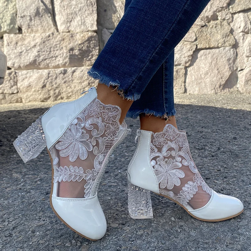 Yyvonne Spring And Summer New Lace Flower Mesh Women Cool Boots Crystal High Heel Head Hollow Roman Sandals