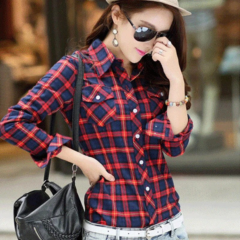 New 2020 Fashion woman's Slim Shirts summer Autumn Plaid 22 Colors female Social Casual Check Shirt Clothing Size M-5Xl