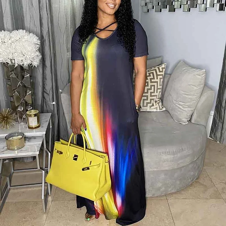 Print Short Sleeve Pocket Design Casual Maxi Dress - IRBOOM Fashion Clothing