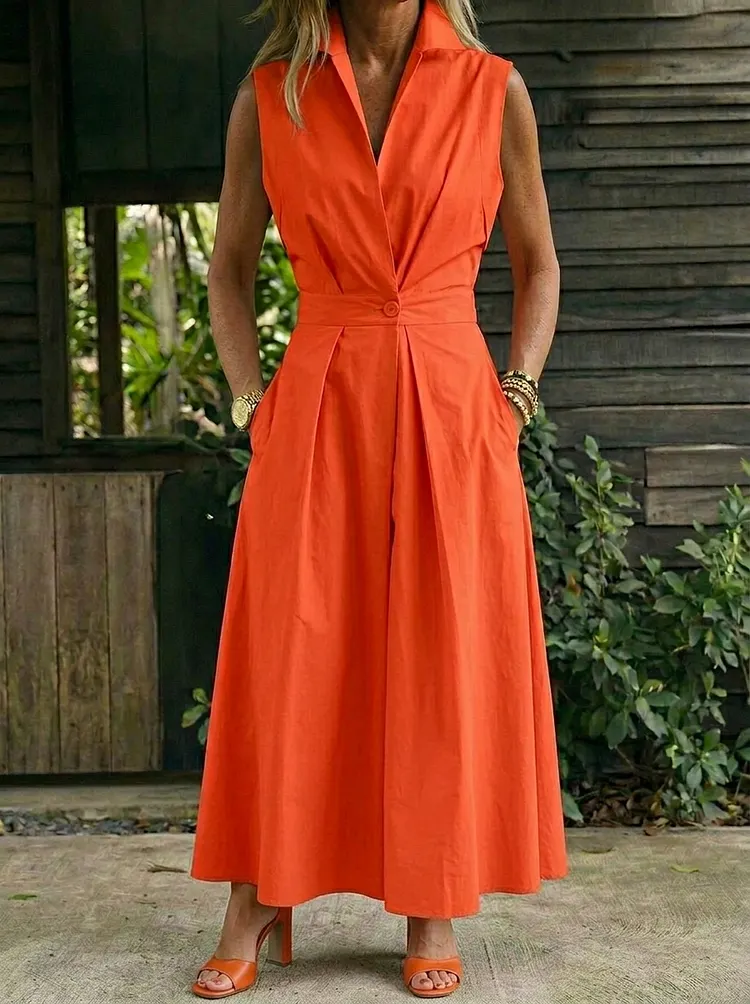 Women&rsquo;s Casual Sleeveless Cotton Maxi Shirt Dress