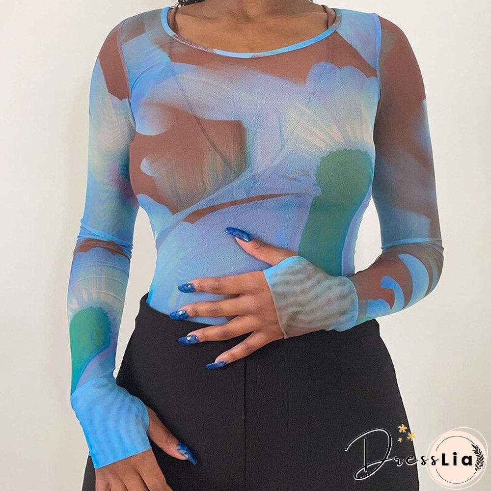 Autumn Print Mesh Top O Neck Long Sleeve Basic T Shirt Harajuku Vintage Retro Punk Style Clothes Aesthetic Streetwear Y2K