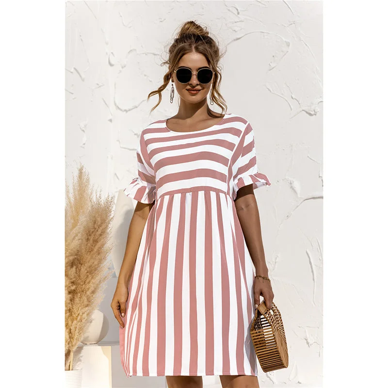 Back to school  Women Elegant Ruffle Sleeve Striped Patchwork A Line Dress 2022 Summer Casual High Waist O Neck Loose Pocket Dress Beach Wear
