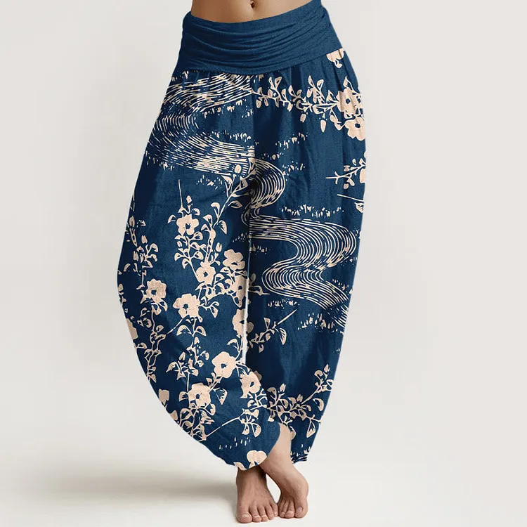 Cotton Simple Flowers Stream Pattern Women's Elastic Waist Harem Pants