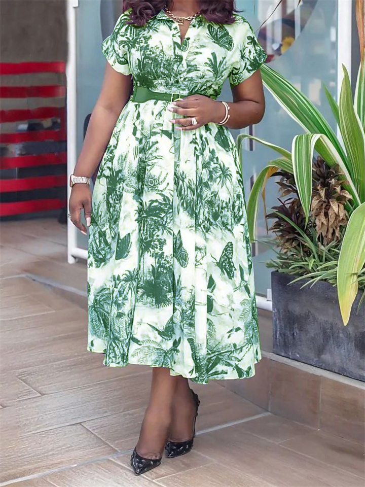 Button Print Short Sleeve High Waist Plus Size Dress with Belt