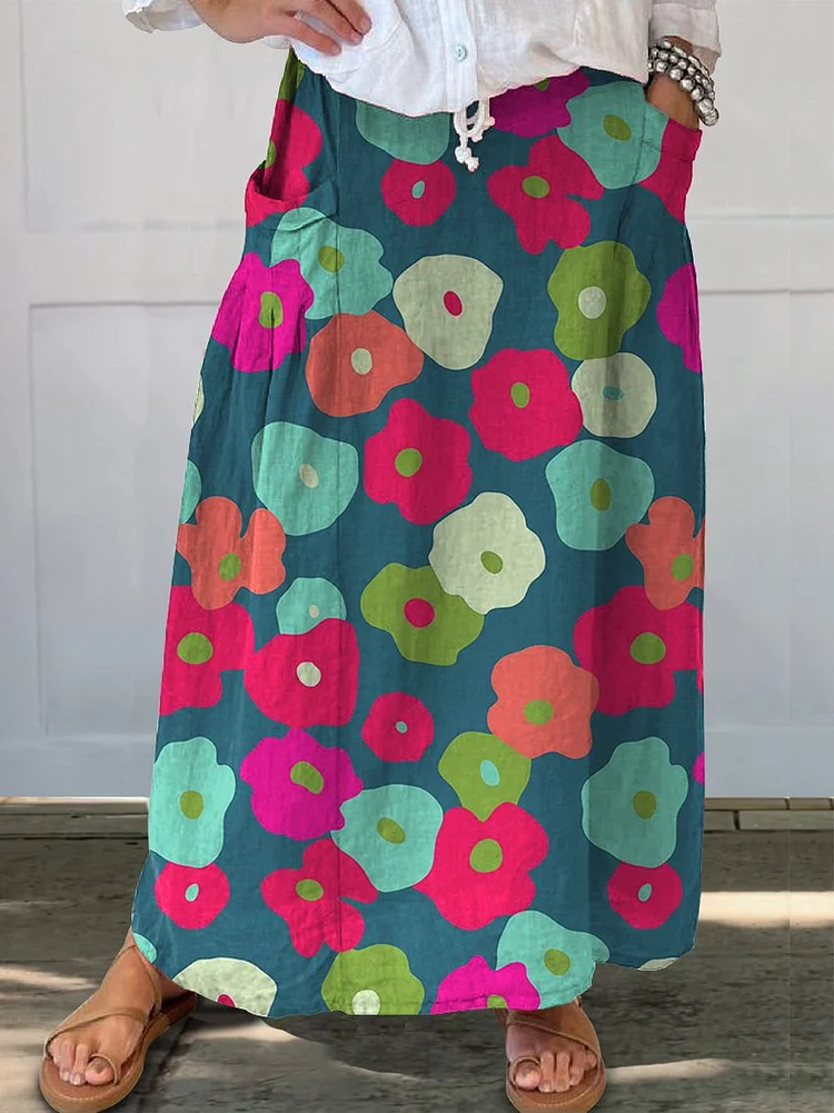 Vibrant Summer Floral Pattern Printed Women's Linen Pocket Skirt