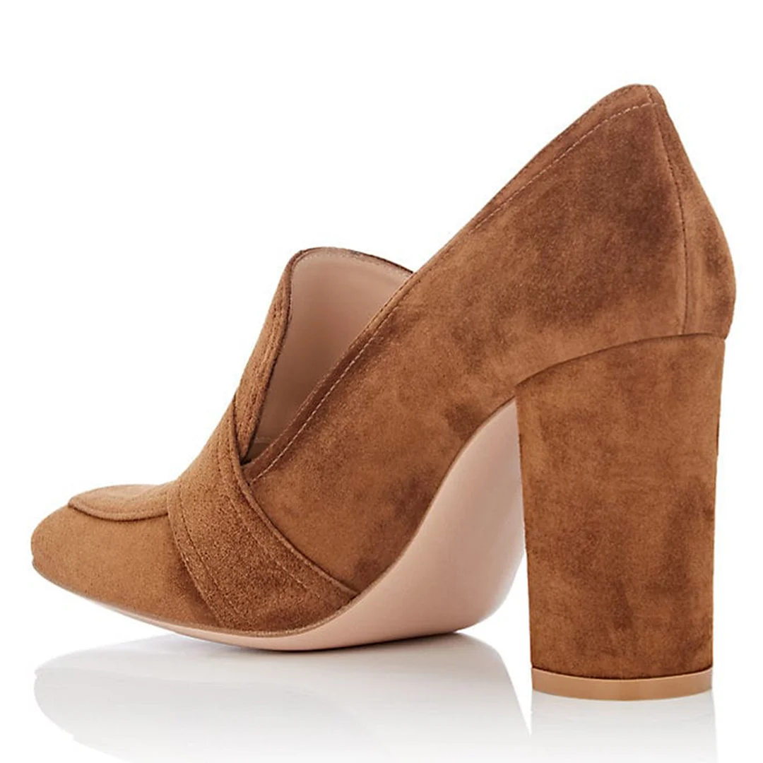 Faux Suede Square Toe Buckle Inlay Brown Loafers with Block Heel