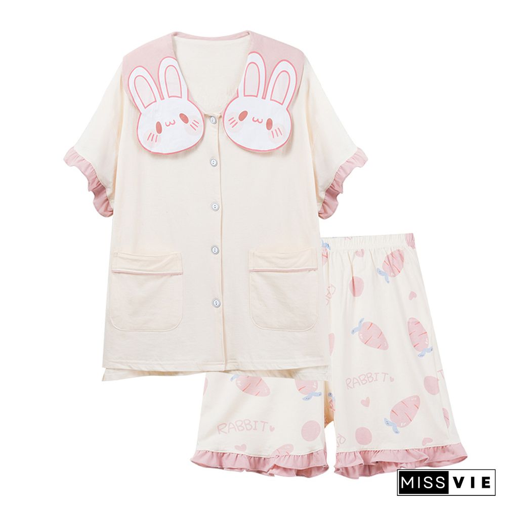 Cartoon Animal Fruit Print Cotton Pocket Pajamas Set