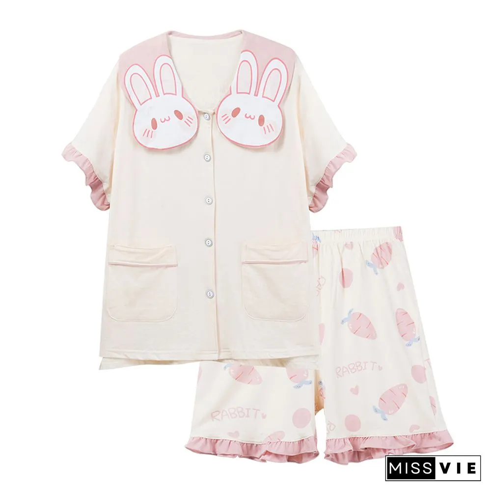 Cartoon Animal Fruit Print Cotton Pocket Pajamas Set
