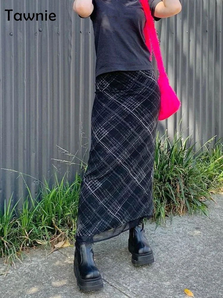 Gitana 2022 Spring Summer Fairy Grunge Long Tulle Skirts Women Kawaii Plaid Black Skirt Harajuku Low waisted Skirt Korean