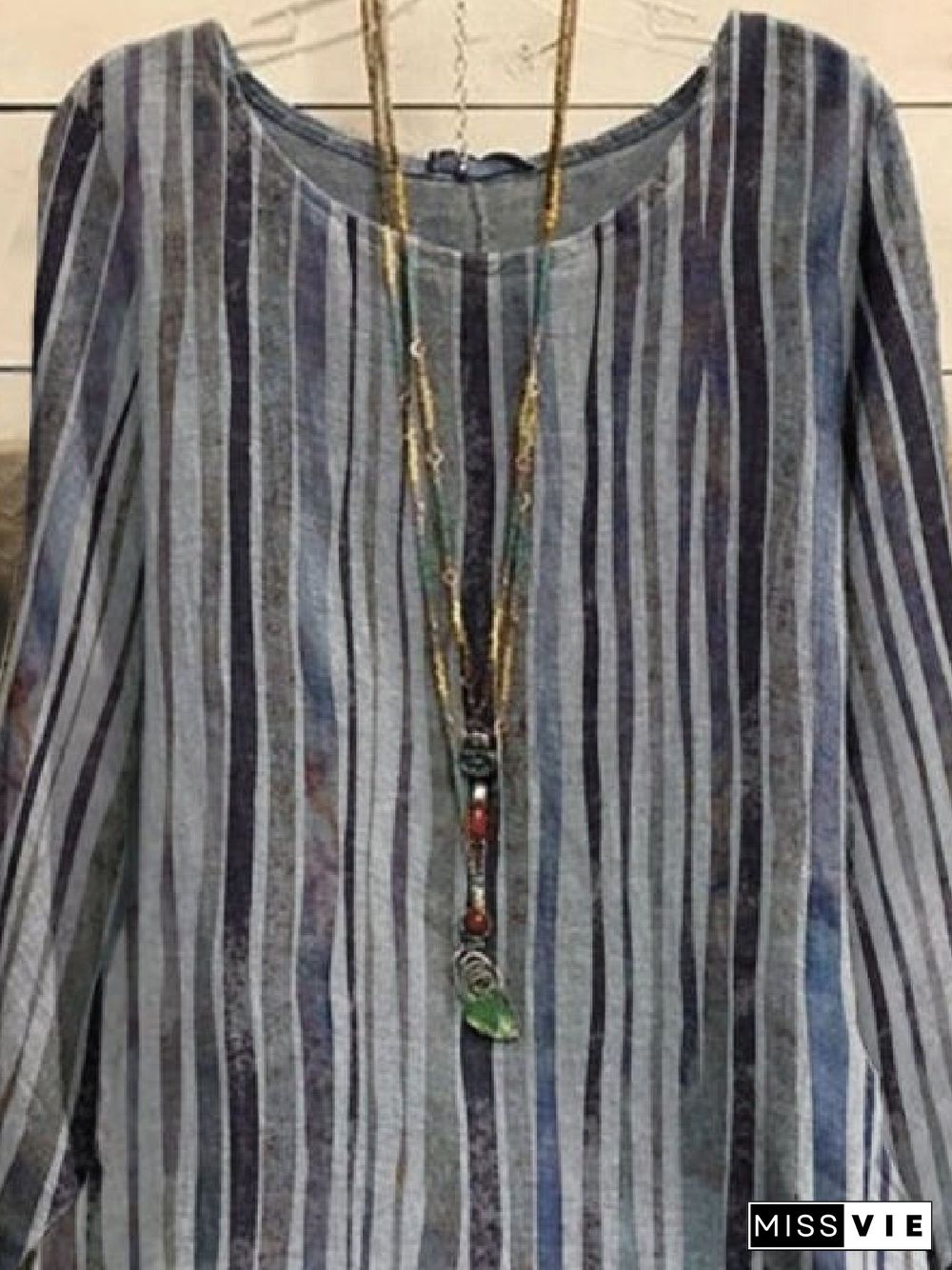 Casual Stripes 3/4 Sleeve Crew Neck Tops