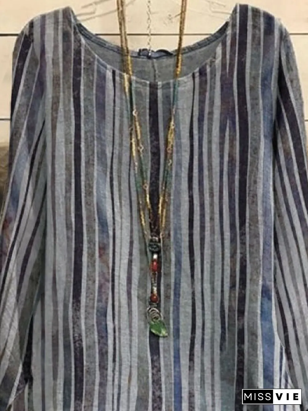 Casual Stripes 3/4 Sleeve Crew Neck Tops