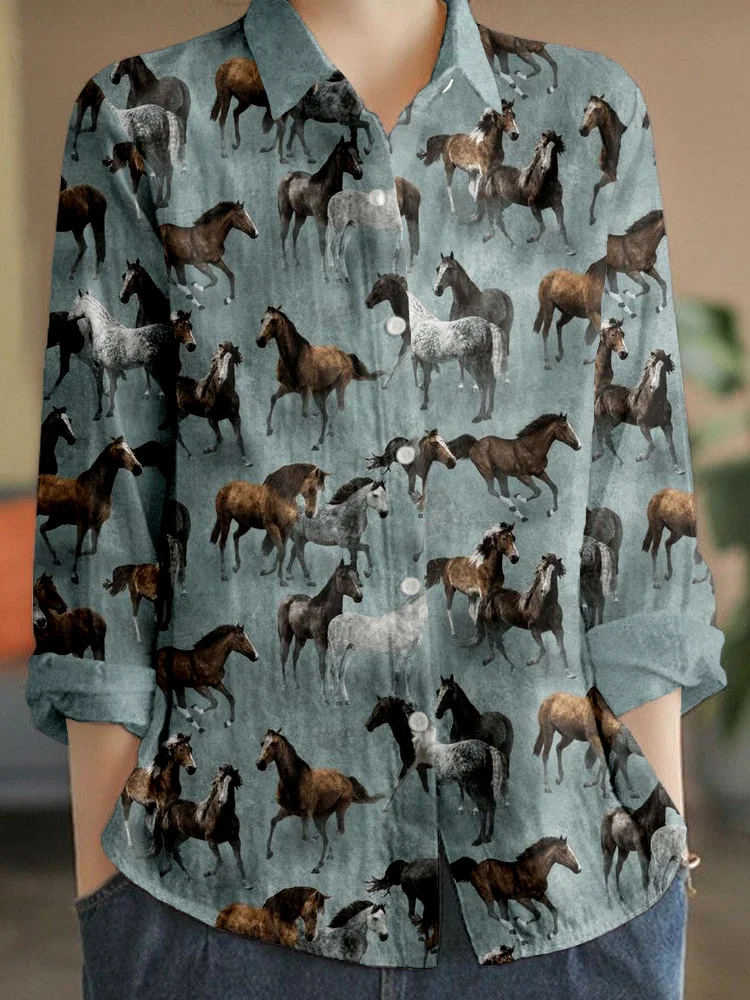 Comstylish Western Wild Horses Pattern Linen Blend Cozy Shirt