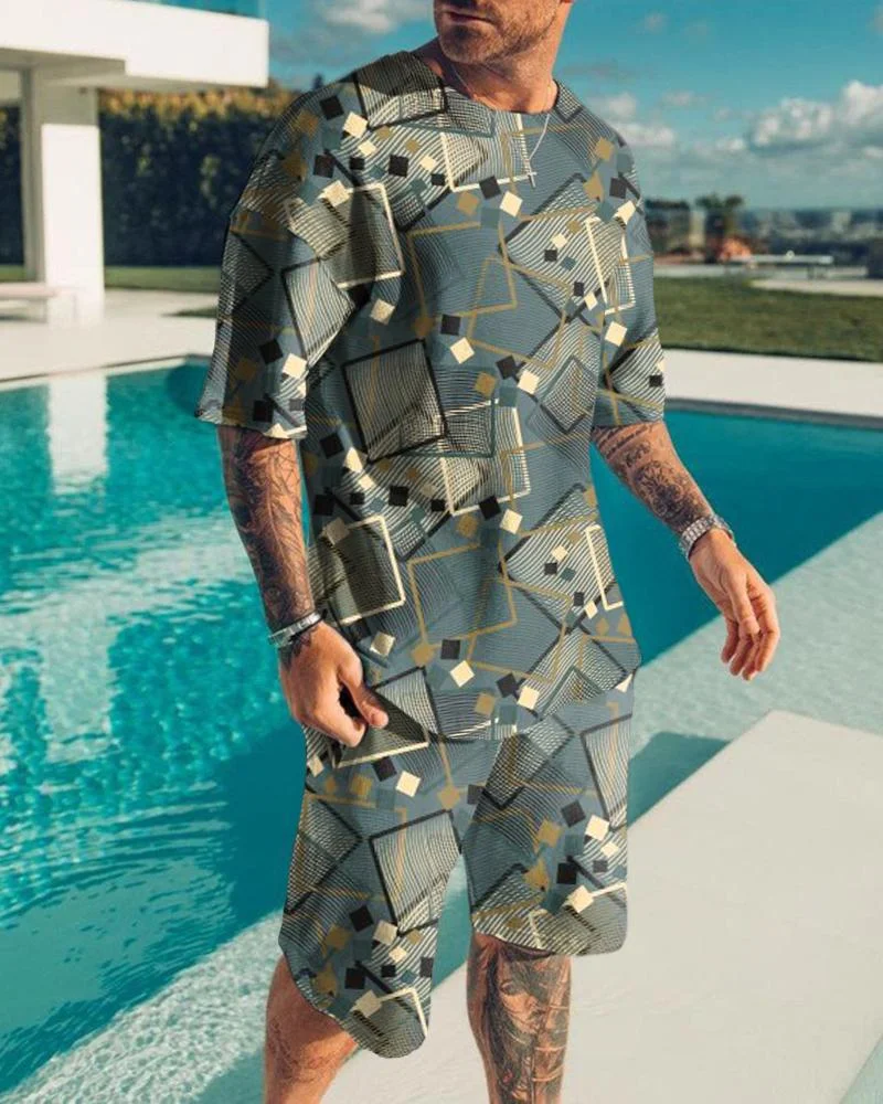 Men's Fashion Color Block Printed Shorts Suit