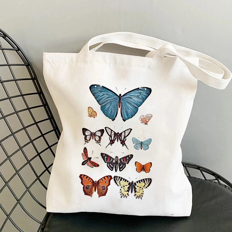 Women's Large Canvas Printing Flower Butterfly Streetwear Square Open Canvas Bag