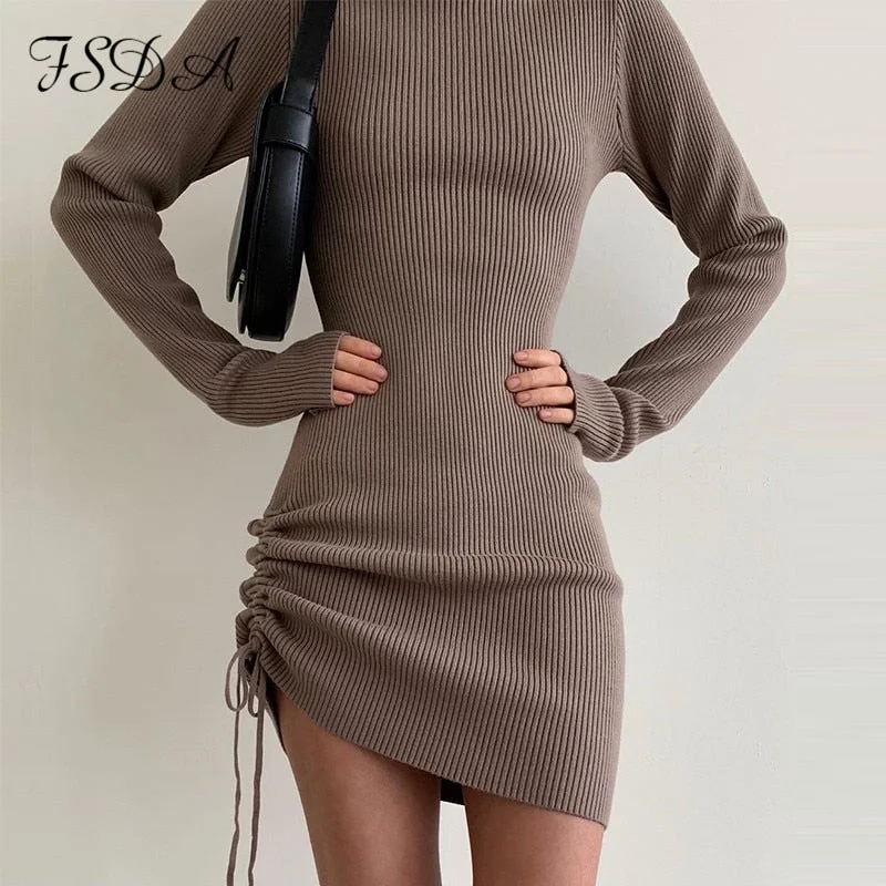 FSDA Turtleneck 2021 Knitted Dress Bodycon Women Ruched Mini Long Sleeve Brown Sexy Elegant Dresses Party White