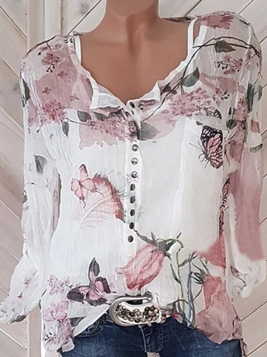 Women's Plus Size Blouse Floral Button Long Sleeve RoundNneck Daily Dress